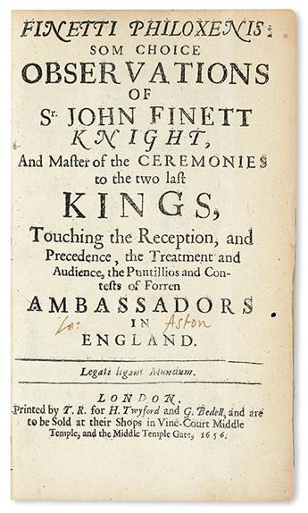 FINETT, JOHN. Finetti Philoxenis.  1656